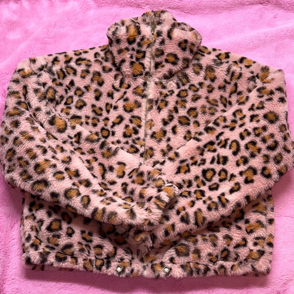 Pink Leopard Print Faux Fur Bomber Jacket w/ Silky Interior Lining